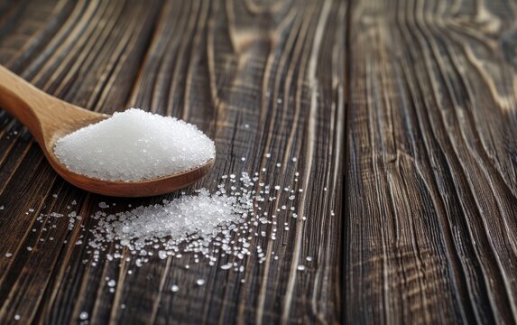 Natural sweetener in a wooden spoon. Sugar substitute erythritol on dark wood background.