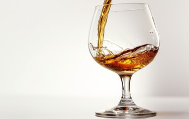 Amber liquid pours into a clear glass, creating a dynamic splash against a white background.