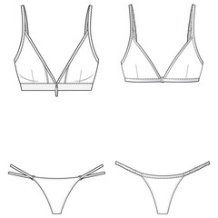 Bra and G string panty women's lingerie two piece bikini set design flat sketch fashion illustration vector template drawing - obrazy, fototapety, plakaty