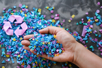 recyceltes Plastik Granulat, Buntes Granulat, PA6, ASA, ABS, PET, Eine Hand voll mit Plastik Kunststoff Granulat, wieder verwendbarer Kunststoff   
