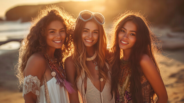 Bohemian fashion style, group of three friends at a beach festival, flowing dresses and accessories, sunset lighting casting a golden glow, ocean and sand in the background