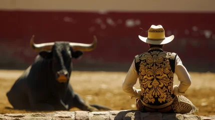 Muurstickers Matador in traditional attire facing a bull, capturing the intense moment before a bullfight in an arena. © Artsaba Family