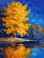 A painting depicting a tree with vibrant yellow leaves standing tall in a colorful autumn scene