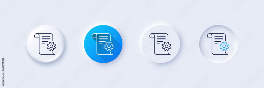 Poster technical documentation line icon. neumorphic, blue gradient, 3d pin buttons. instruction sign. line