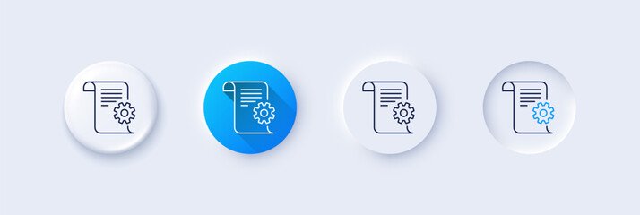 Technical documentation line icon. Neumorphic, Blue gradient, 3d pin buttons. Instruction sign. Line icons. Neumorphic buttons with outline signs. Vector