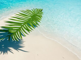 Fototapeta na wymiar tropical leaf shadow on the surface of the water. Shadow of palm leaves on a beach with white sand. Gorgeous abstract background idea banner for a beach getaway this summer.