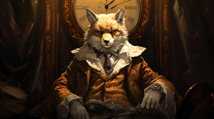 Fototapeta na wymiar An elegant fox wears a designer trench coat, accessorized with a golden pocket watch and a silk ascot. The dark, opulent setting of a Victorian parlor sets the stage for its refined demeanor. Mood: di