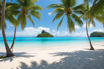 Serene beach view with palm trees and distant island. The concept of recreation and tourism.