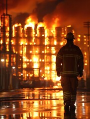 A firefighter in protective gear walks in front of a massive blazing fire