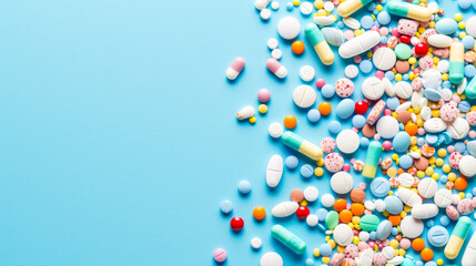 Top view: assorted pills scattered on blue background, representing varied medications for diverse ailments,