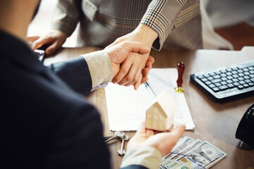 Businessman and woman shake hands as hello in office closeup. Friend welcome, introduction, greet...