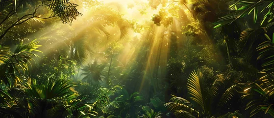 Fotobehang A lush tropical forest with sunlight filtering through the canopy, creating a splendid gradient of greens and yellows, all captured in high-definition to showcase its mesmerizing vibrancy. © Hamza