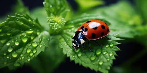 Fototapeta premium Shot of a ladybug in green grass with dew drops, insect world. Nature theme in spring. Generative AI