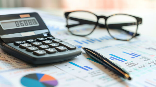 A calculator, glasses, and a pen rest on a financial chart.