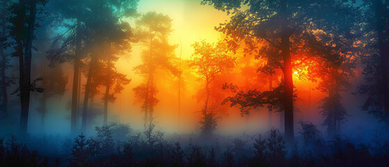 A foggy forest scene at dawn, with the colors of the sunrise casting a splendid gradient of oranges and yellows through the mist, captured in high-definition to showcase its mesmerizing vibrancy. - obrazy, fototapety, plakaty