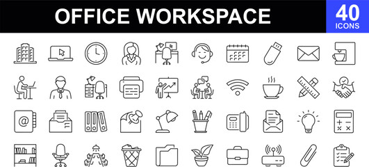 Office workspace icon set. Containing workspace elements, briefcase, desk, computer, meeting, employee, schedule, co-worker symbol and more. Vector illustration