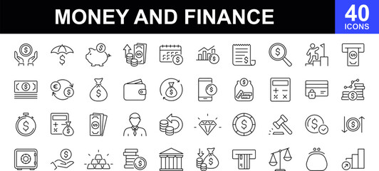 Fototapeta na wymiar Money and finance icon set. Contains such icons as wallet, atm, bundle of money, cash, saving, financial goal, profit, budget, hand with a coin and more. Vector illustration