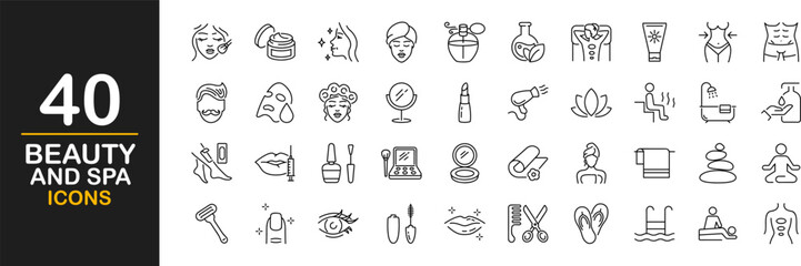 Beauty and spa icon set. Spa treatments. Cosmetics services. Concept of a healthy lifestyle, face and body care, recreation. Contains such icons as massage, sauna, cosmetology, skin care and more