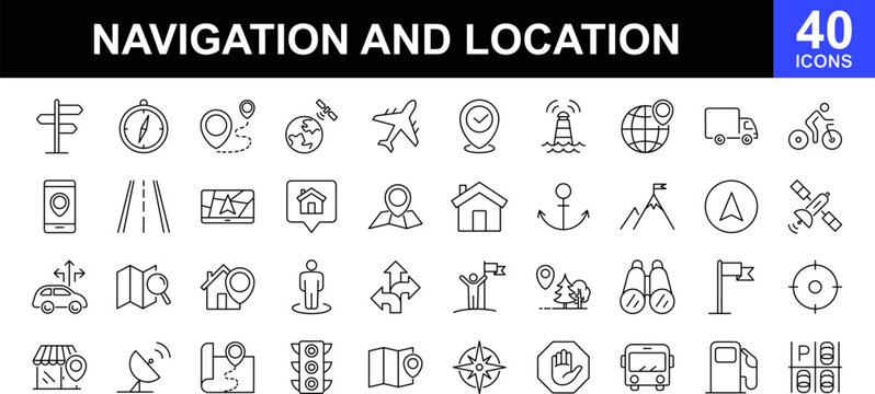 Navigation and location icon set. Map icon set. Simple set of route related vector line icons. Included the icons as pin, destination, nearby, direction, navigation, navigator, way and more