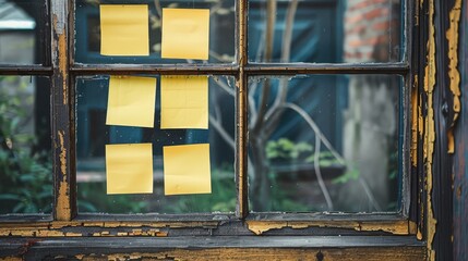 Blank yellow sticky notes attached on glass window