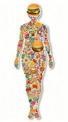 silhouette of an overweight woman on a white background, inside the silhouette there are Burgers, fries, pizza slices, soda cups, ice cream cones, donuts, hot dogs, fried chicken pieces, nachos, tacos