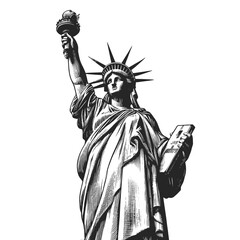 Statue of Liberty holding a torch and tablet, symbolizing freedom sketch engraving generative ai fictional character vector illustration. Scratch board imitation. Black and white image.