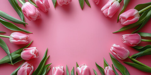 Pink tulips arranged in a circle on a pink background, flat lay, top view, copy space