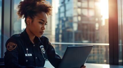 Female Police Officer Using Laptop Computer