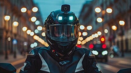 Naklejka premium Person Riding Motorcycle Through City Street
