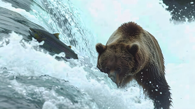 Wild grizzly bear at Brooks Falls, Alaska waiting to catch a jumping salmon as they jump up the river water.