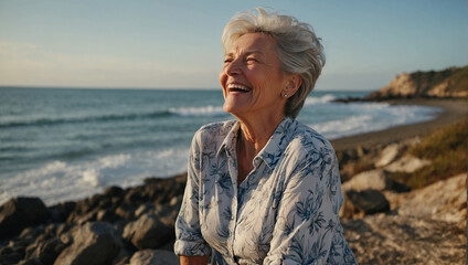 Woman Enjoying Retirement on California Beach 