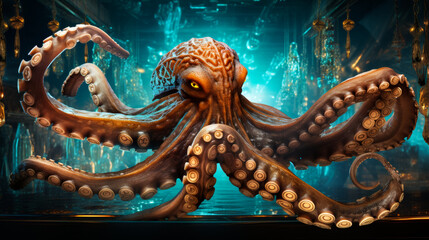 Envision a chic octopus in a sequined evening gown, adorned with pearl bracelets and a crystal tiara. Against a backdrop of deep ocean hues, it exudes underwater glamour and sophistication. Mood: eleg - obrazy, fototapety, plakaty