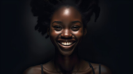 Portrait of a black young girl with beautiful facial features, black hair, a large mouth with snow-white teeth, brown eyes, she is happy, smiling. Close-up - obrazy, fototapety, plakaty