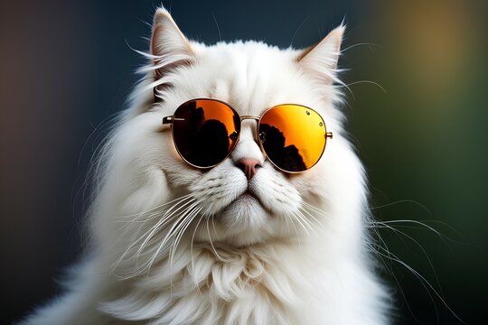 A portrait of a white persian breed model cat wearing sunglasses, long hair fur domestic stylish chat animal pet fashion, gato image 