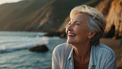 Woman Enjoying Retirement on California Beach  - obrazy, fototapety, plakaty