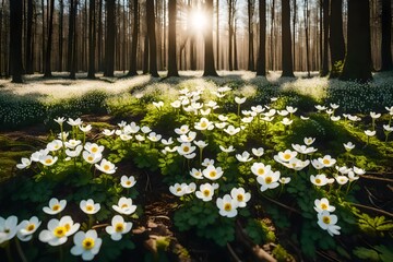 Beautiful white flowers of anemones in spring in a forest close-up in sunlight in nature. Spring forest landscape with flowering primroses.  - obrazy, fototapety, plakaty