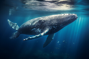 Humpback whale gliding through deep blue ocean, rays of light filtering from above