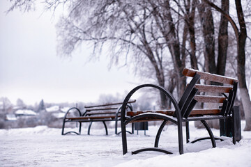 park bench on a winter alley at snowfall. bench with snow after snowstorm or in snow calamity in europe - 768997171