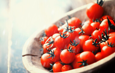 Fresh farm cherry tomatoes on a wooden background after the rain. - 768997347