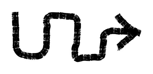 Hand drawn simple arrow drawn with wax crayon, chalk or charcoal. Uneven dry texture for underlining highlighting. Pencil drawn lines, strikethrough, grungy vector isolated on white.