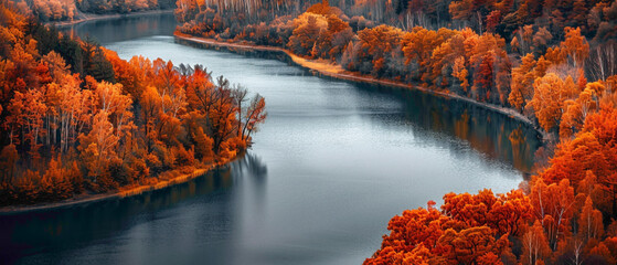 A tranquil river winding through a forest, with the colors of the autumn leaves forming a splendid gradient along the banks, captured in high-definition to highlight its mesmerizing vibrancy. - obrazy, fototapety, plakaty