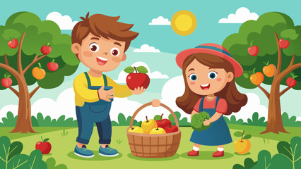 boy and girl collect fruit harvest vector illustr 