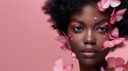 A stunning portrait capturing the grace of an African American girl adorned with pink butterflies, set against a seamless pink studio background, promoting the allure of natural cosmetic products.