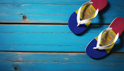 Pair of beach sandals with flag Andorra. Slippers for summer sea vacation. Concept travel and vacation in Andorra.