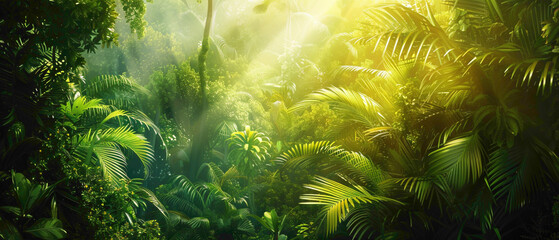 A lush tropical forest with sunlight filtering through the canopy, creating a splendid gradient of greens and yellows, all captured in high-definition to showcase its mesmerizing vibrancy. - obrazy, fototapety, plakaty