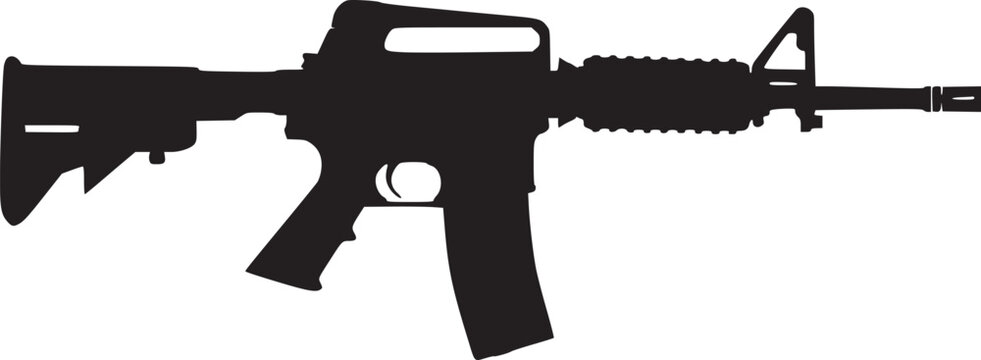 Graphic black detailed silhouette pistols, guns, rifles, submachines, revolvers and shotguns. Isolated on white background