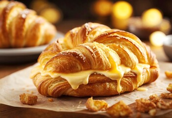 Croissant and cheese at the restaurant very delicious Bread bun, croissant with cheezy melted jam buttery bread for breakfast meal snack