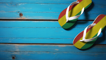 Pair of beach sandals with flag Bolivia. Slippers for summer sea vacation. Concept travel and vacation in Bolivia.
