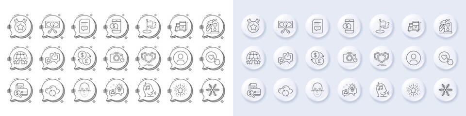 Idea, Like and Currency exchange line icons. White pin 3d buttons, chat bubbles icons. Pack of Inventory cart, Rating stars, Cloud sync icon. Phone payment, Snowflake, Headshot pictogram. Vector