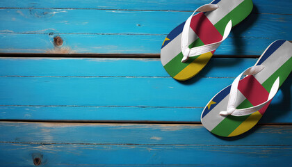 Pair of beach sandals with flag Central African Republic. Slippers for summer sea vacation. Concept travel and vacation in Central African Republic. - obrazy, fototapety, plakaty